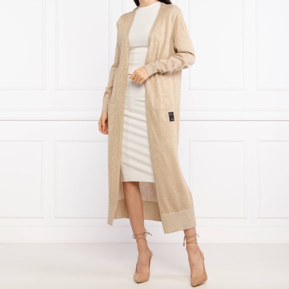 $160 Armani Exchange Gold Metallic Maxi Knit Open Cardigan Duster Merino Blend M - Picture 1 of 14